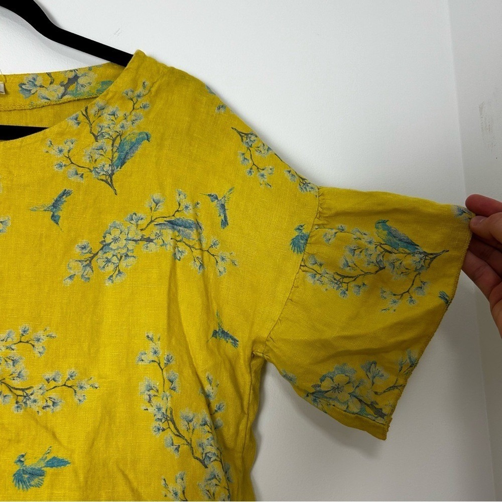 Bellambra Italy Yellow Linen Bird‎ Floral Print Flutter Sleeve Top Cottagecore S - Picture 3 of 7